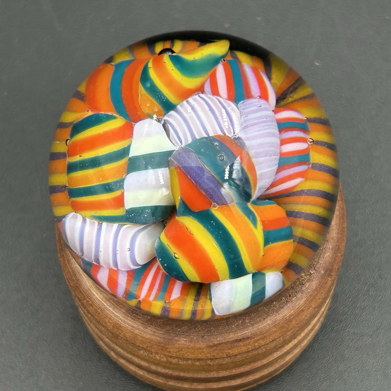 2021 Brock Eddleman Signed Art Glass Marble Rainbow Ribbon Cane 1.5”