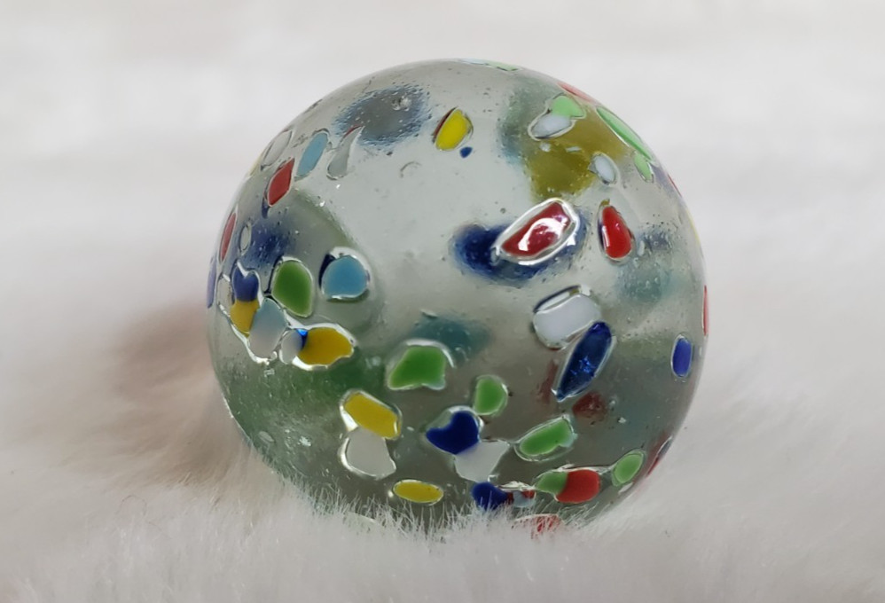 1″ Vintage confetti shooter marble – clear glass w/ multi colors on surface