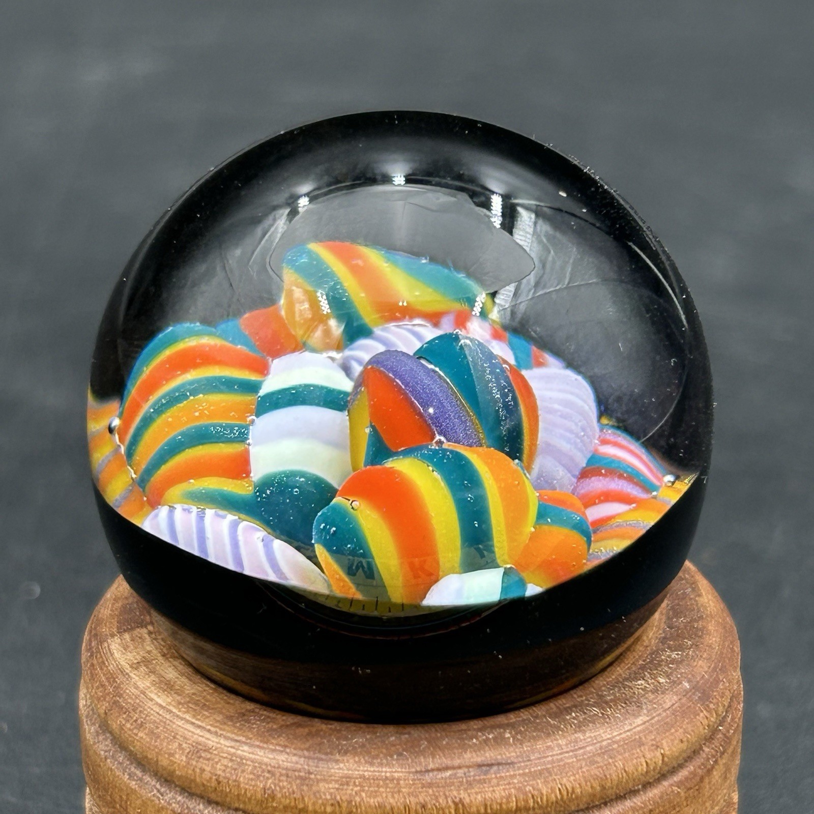 2021 Brock Eddleman Signed Art Glass Marble Rainbow Ribbon Cane 1.5”