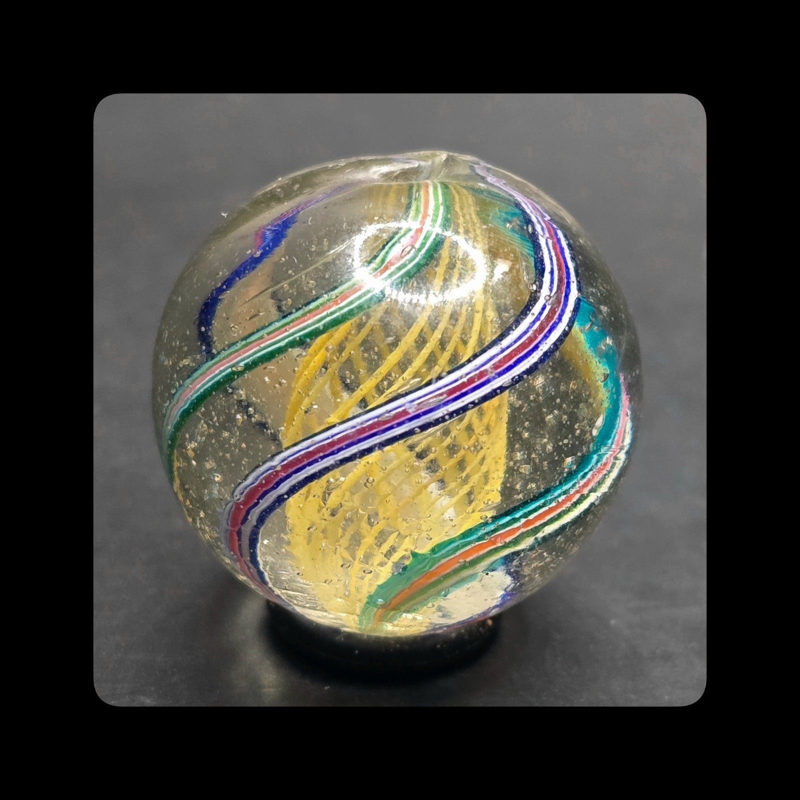 ~Mic’sMibs~ 1.12″ Precision Banded Golden Yellow Latticino Core Swirl Mint 9.6