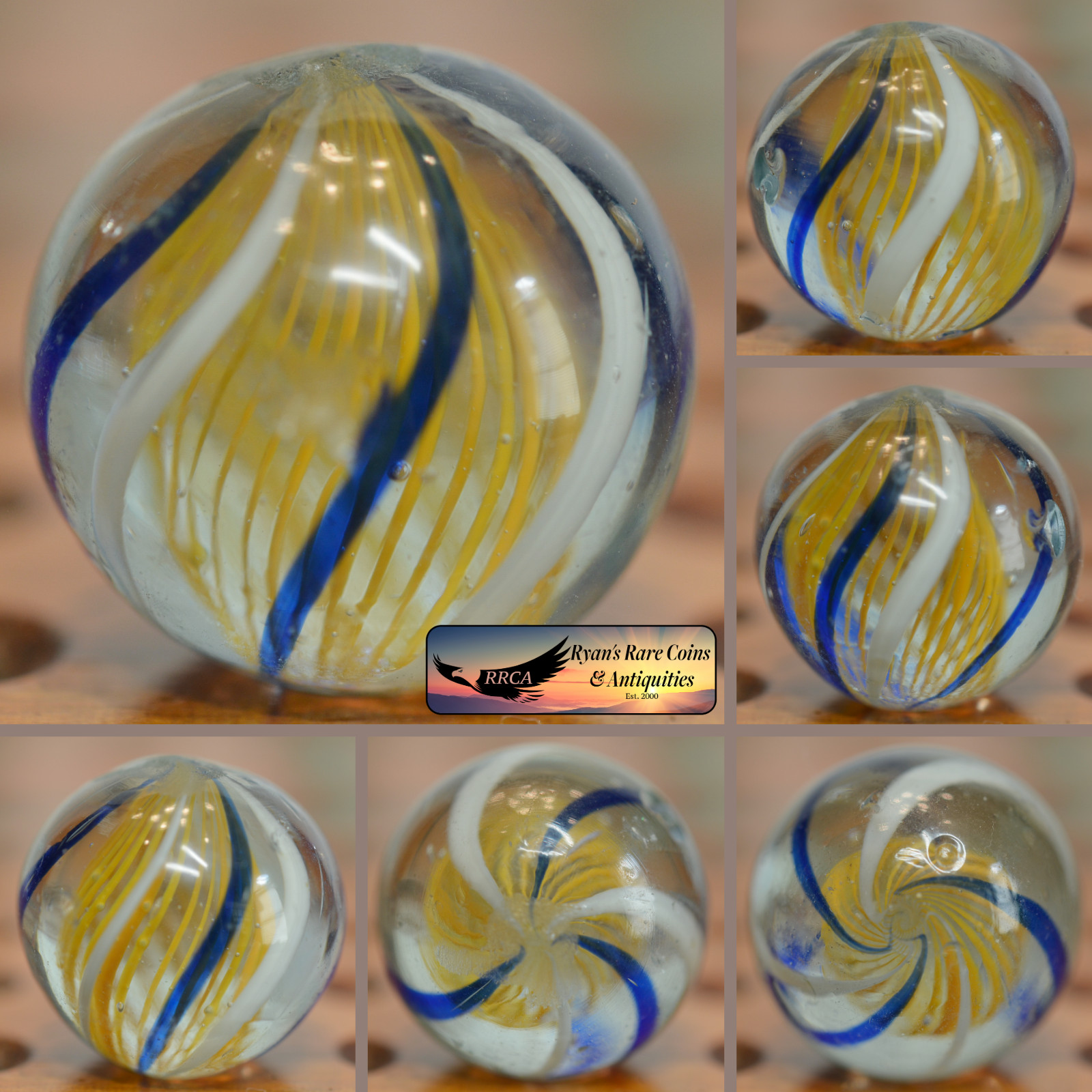 Handmade Yellow Latticinio Swirl Marble, Shooter 1 in, Near Mint 1860-1920 S1557