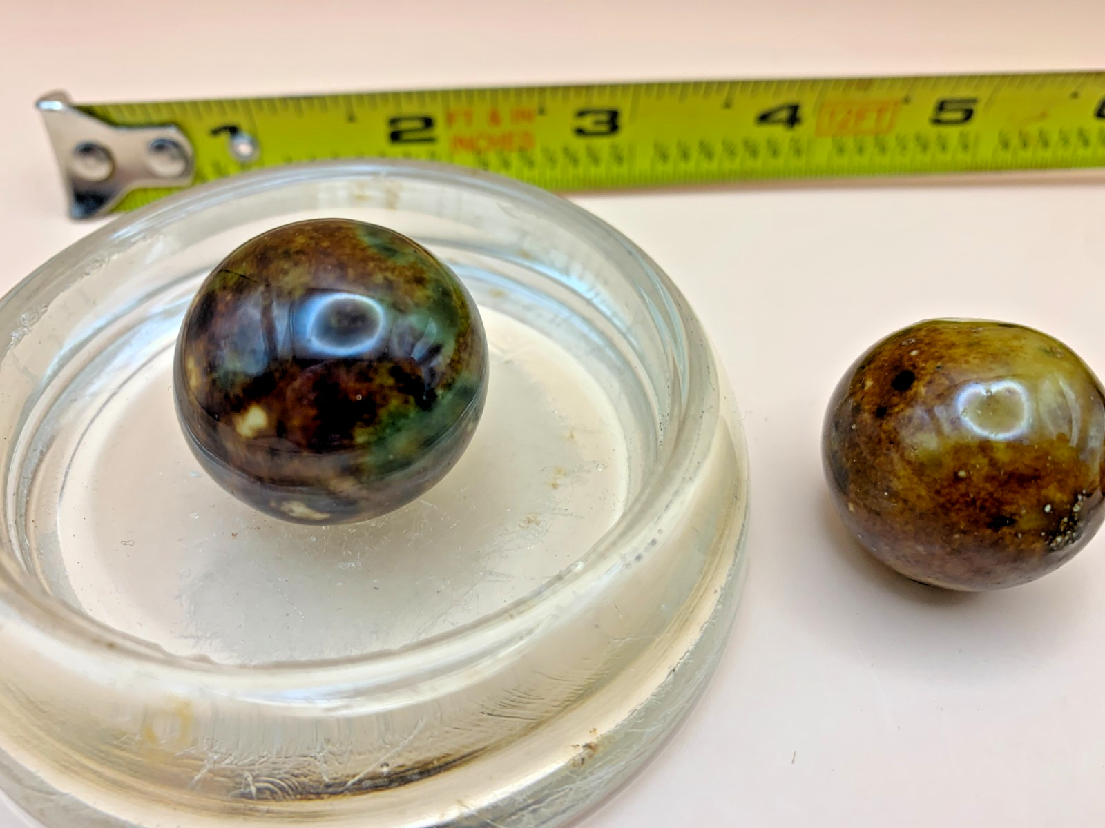 Blue & White / Brown Green Spotted Handmade Bennington 1″ Shooter Marbles lot 5