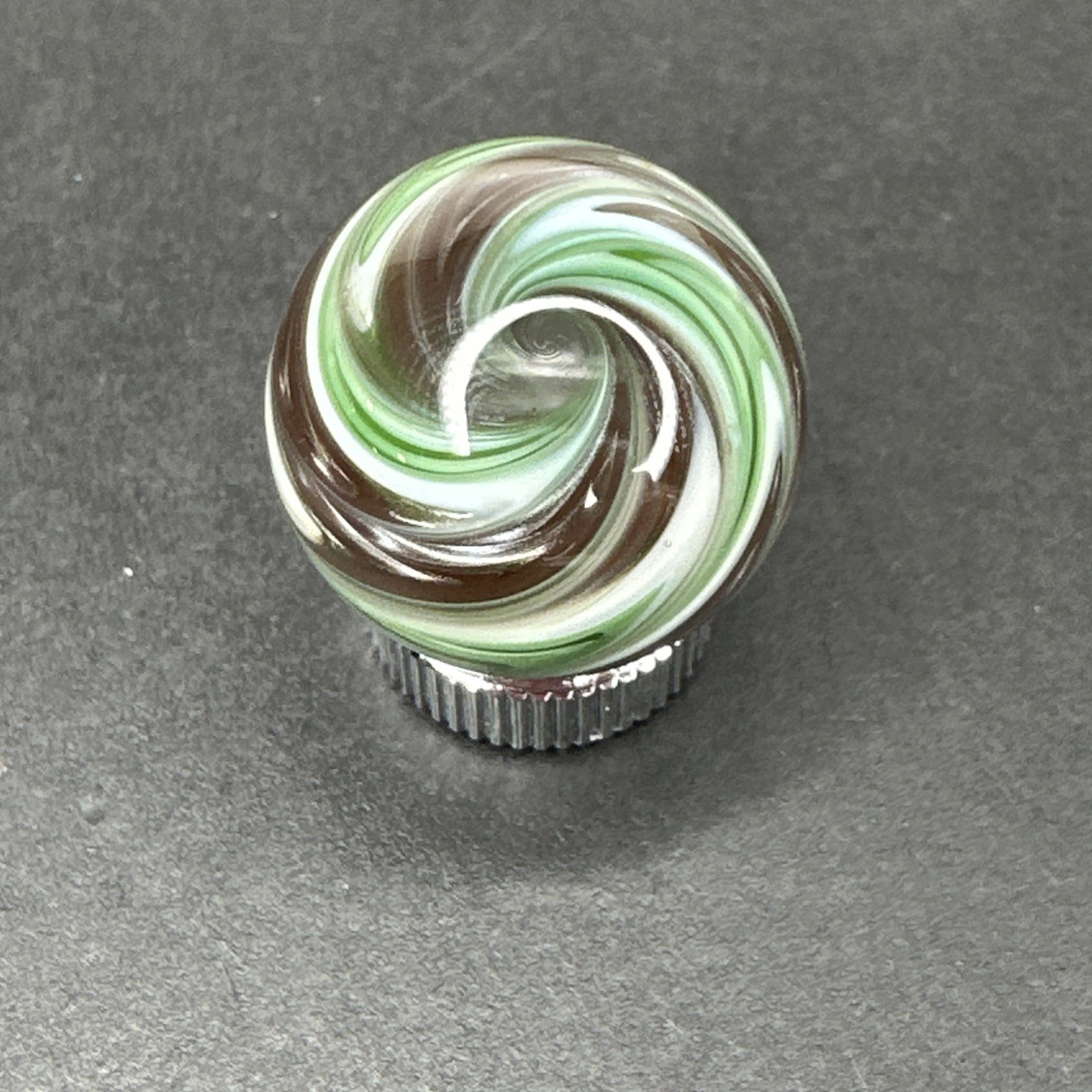 Contemporary Handmade Art Glass Marble .86″ Feathered Green Brown White Swirl UV