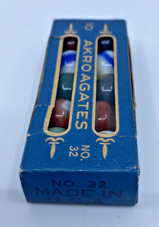 Vintage 1920s-1930s Akro Agate Co. 10 Corkscrews Marble Box No 32 Rare USA