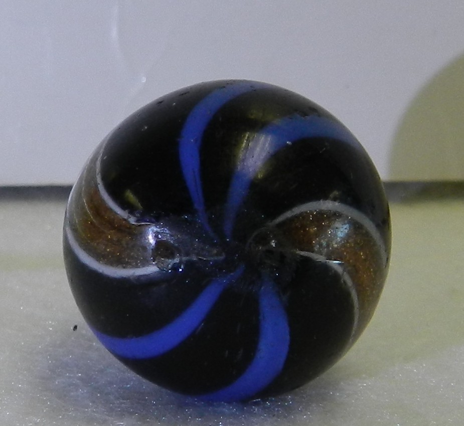 #20021m Vintage German Handmade Black Base Banded Lutz Marble Blue Bands .77 In