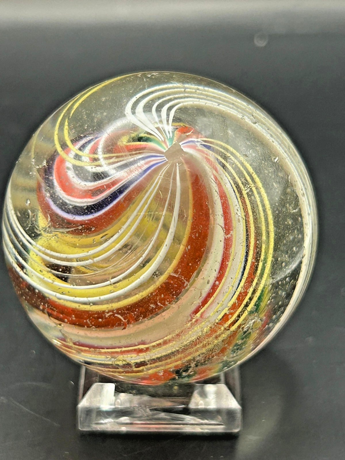 Antique German Divided Core Latticino Swirl Marble 1-11/16″ Polished E3.10