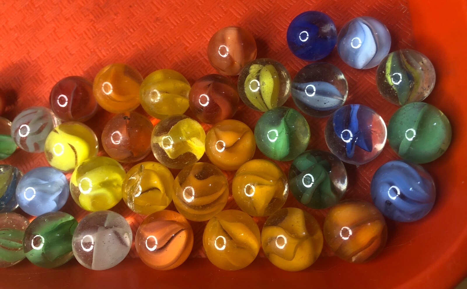 50 vintage CATS EYES OR RIBBON glass marbles 14-16mm