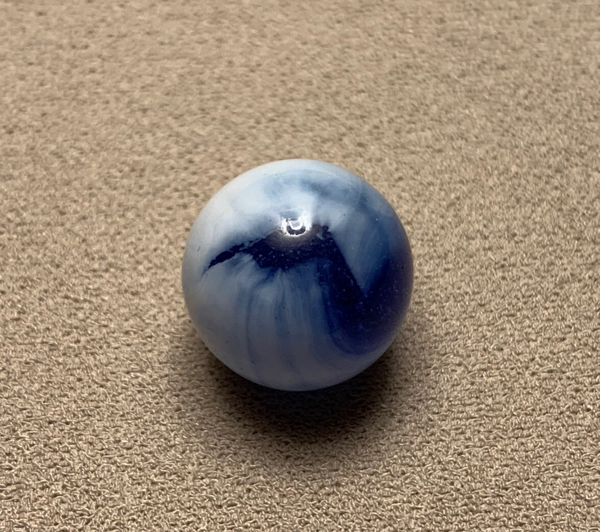 Vtg Vitro Agate Peltier Glass Co White Blue Patch Transparent Glass Marble .588”