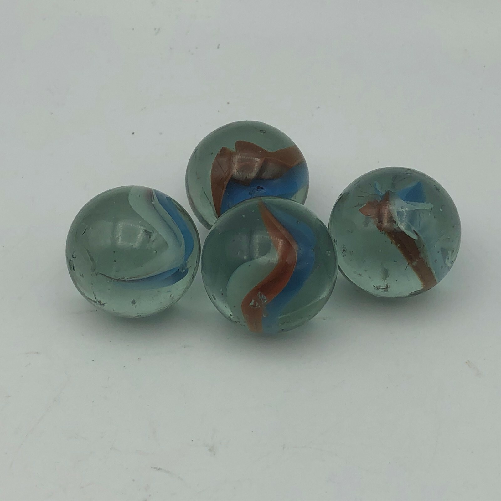 Red White Blue Ribbon Marbles Clear 1″ Air Bubbles Vintage Marble Lot of 4