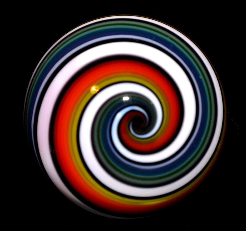 GEORGE BECK GLASS MARBLE/1.644″-STRIPED JOSEPH’S COAT-PINK,OLIVE,GREEN,BLUE,ORG+