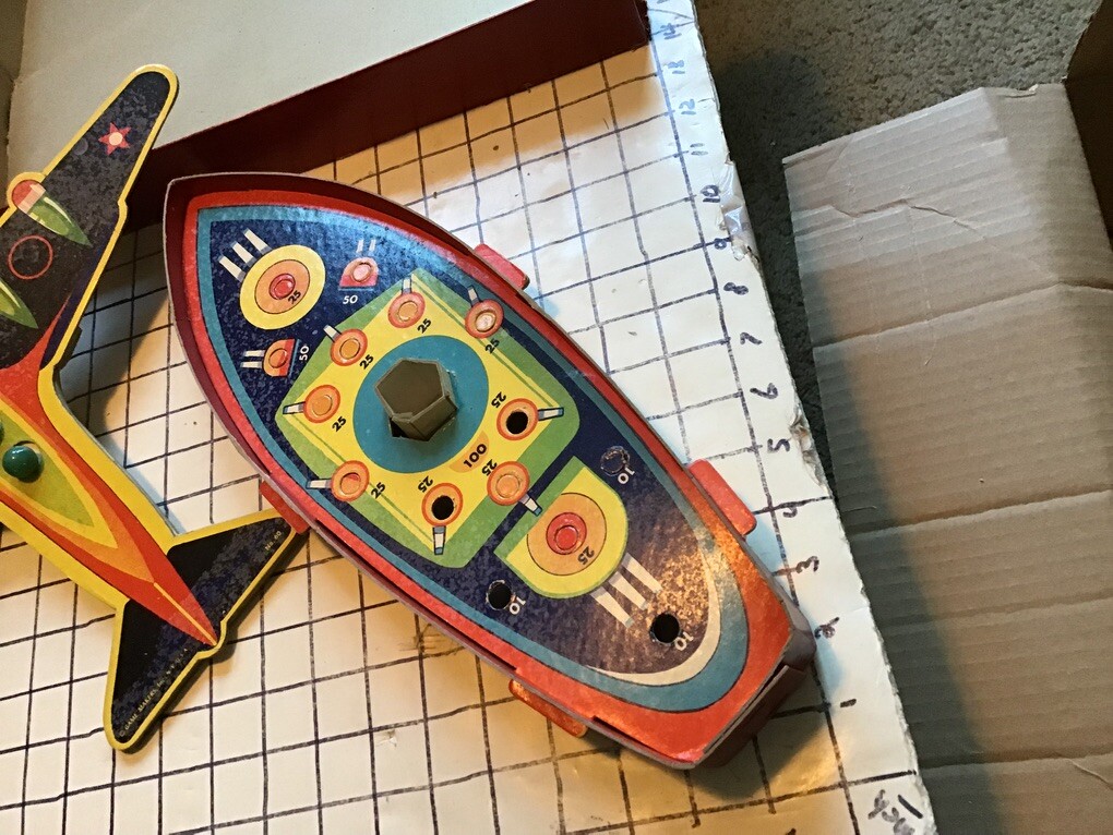 Vintage WWII era cardboard toy: BOMBER BALL drop marble bombs on boat WOW – rare