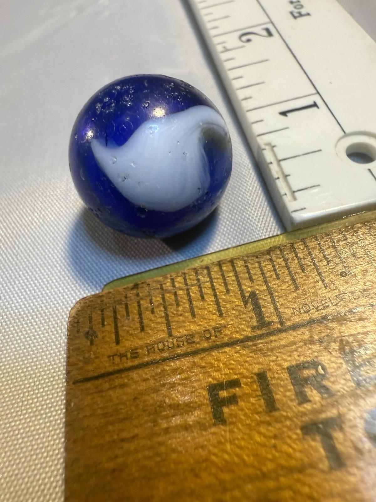 Akro Agate Corkscrew SPIRAL Shooter Marble Blue White Old Vintage Damaged