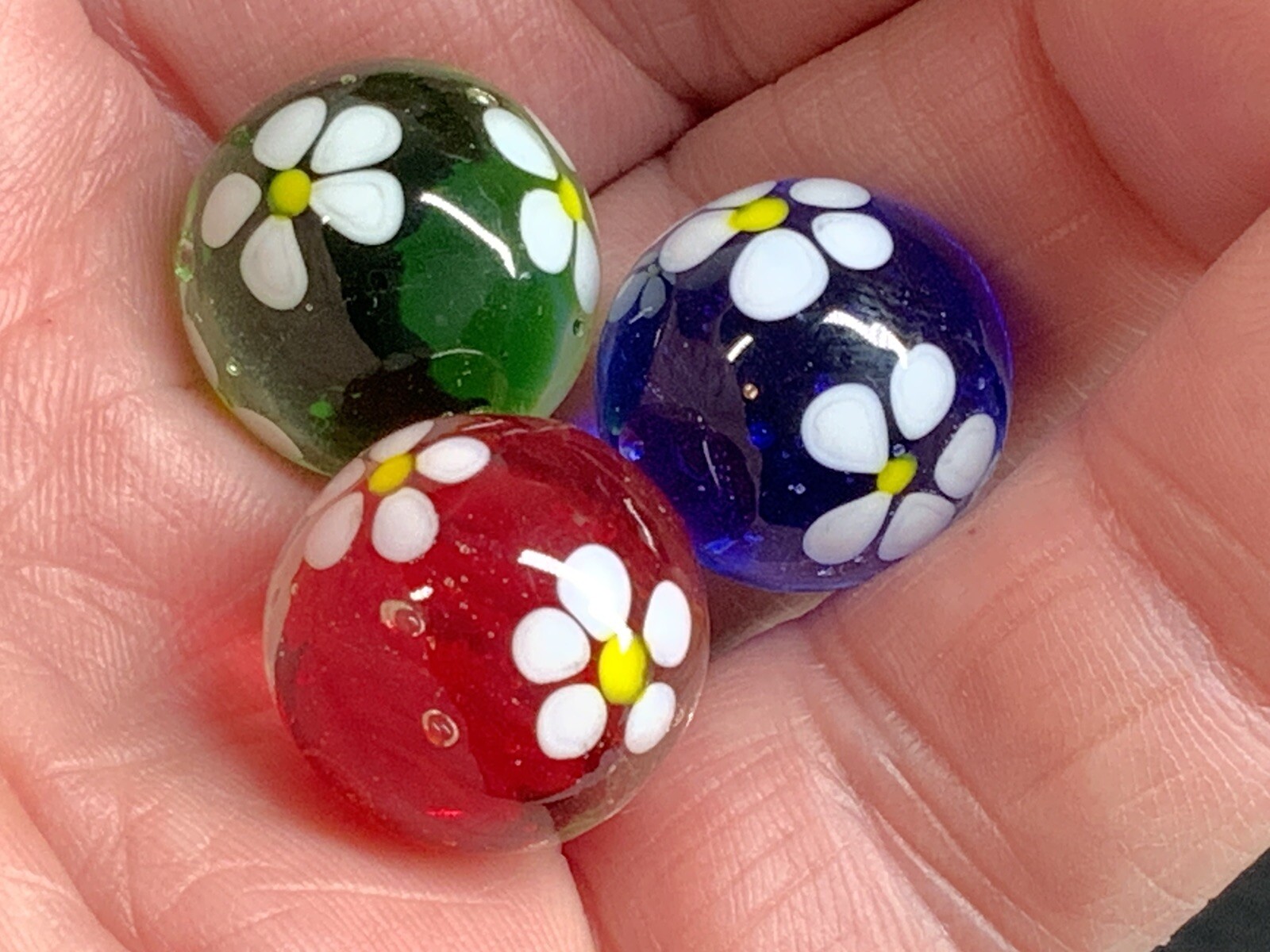 Lot of 3 BLOSSOM 16mm Marbles Flower Handmade Red Green Blue Art Glass