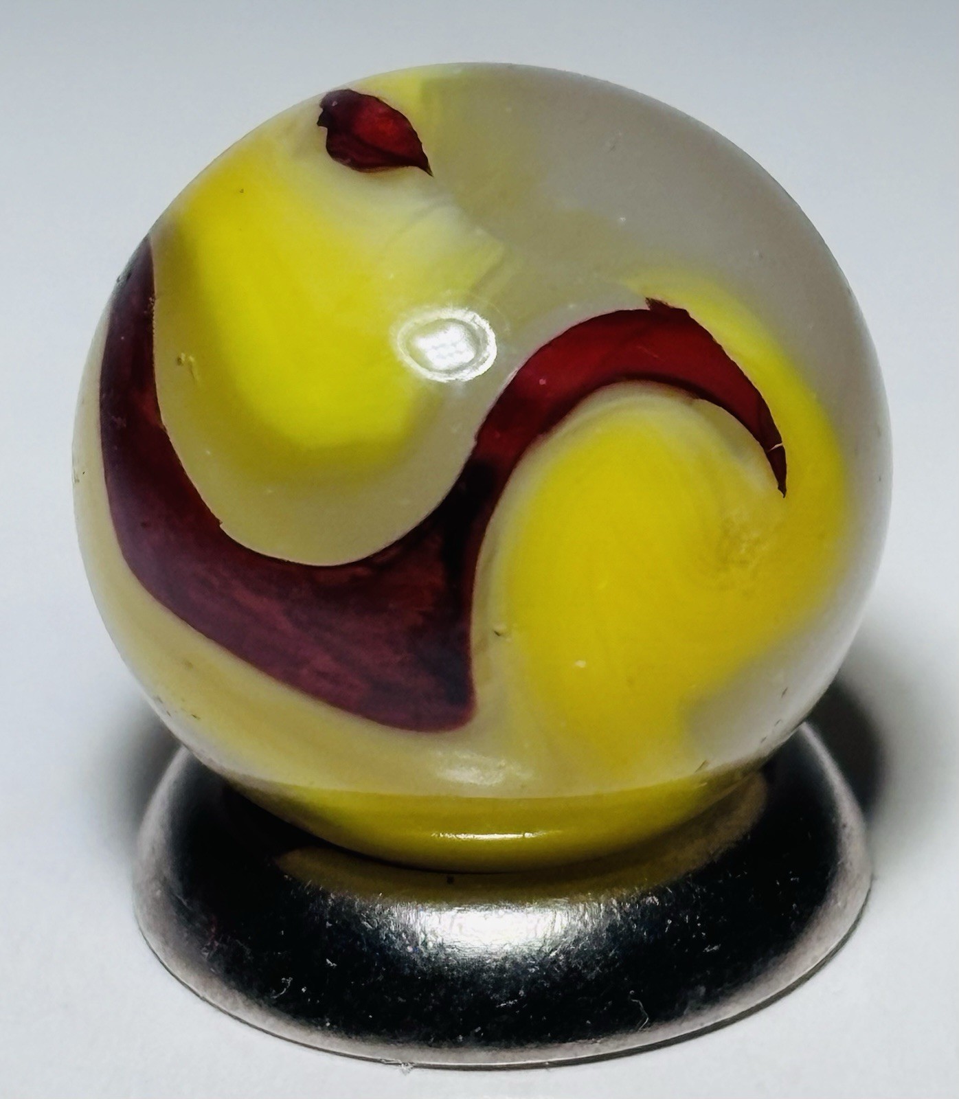 Vintage Akro Agate EggYolk OXblood Swirl Marble .61” In Wet Mint Condition