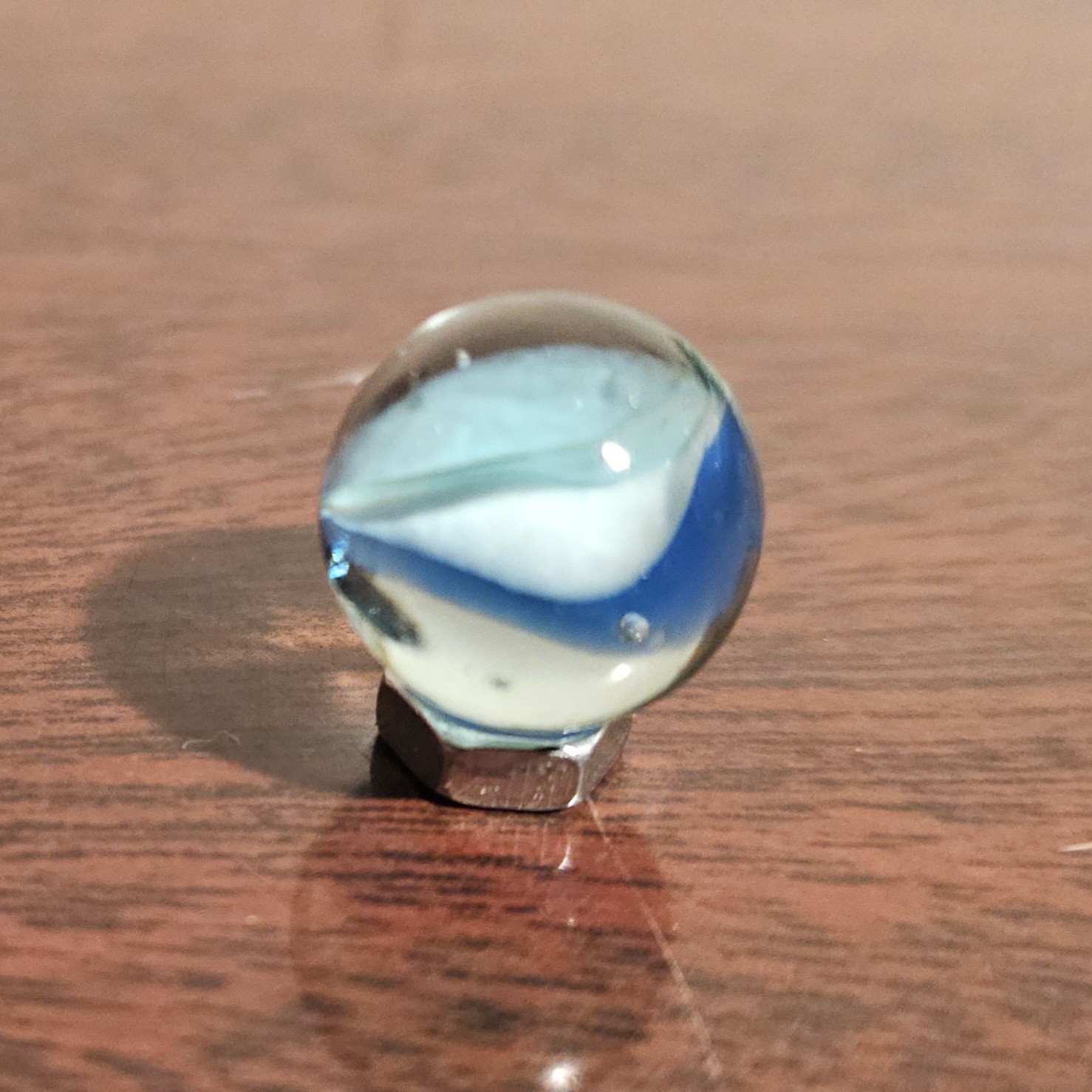 Vintage 6-Lobe Cats Eye Light Blue Dark Blue Pass-Thru White .593 Glass Marble