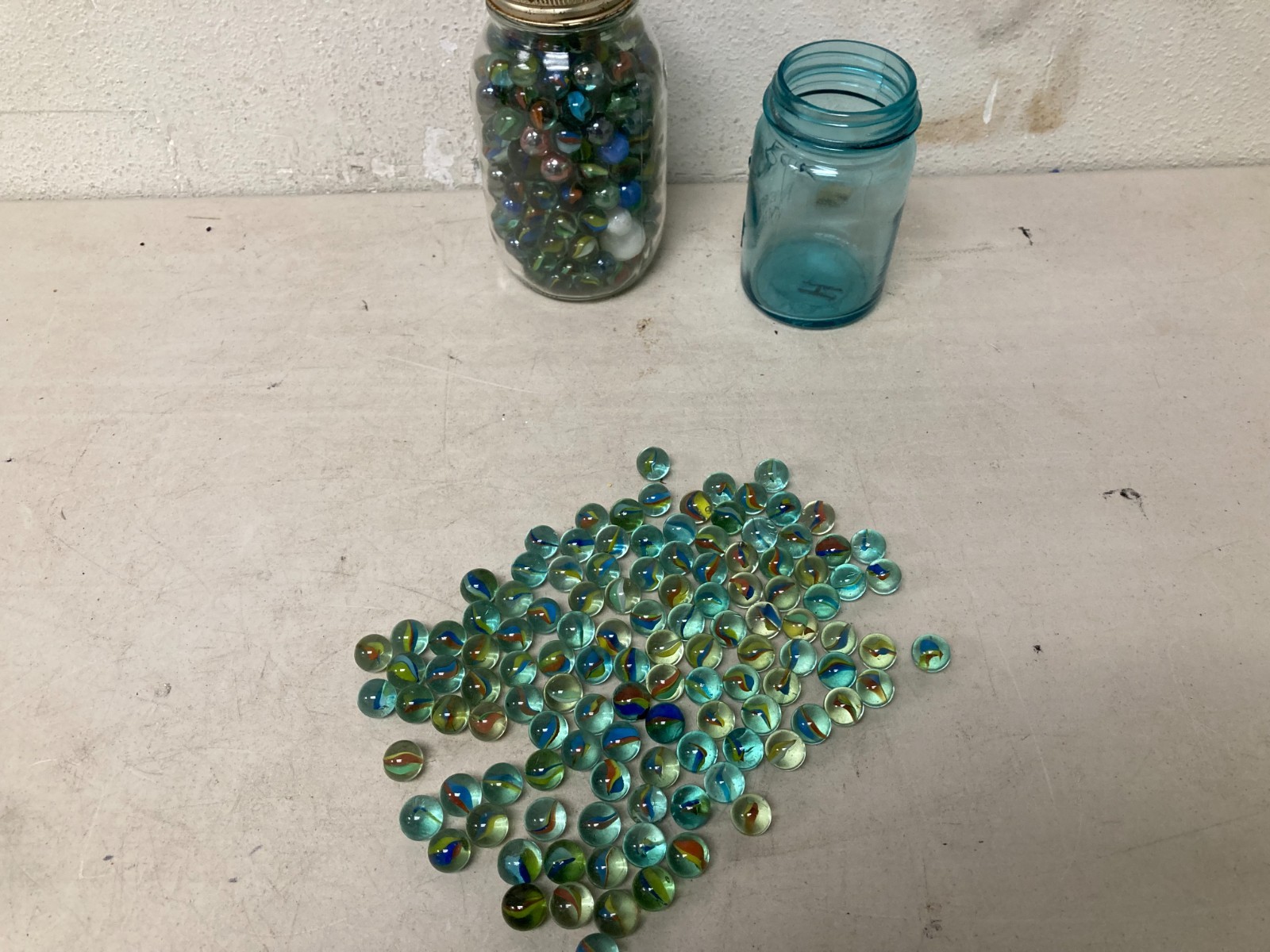 Lot of 2 Vintage Aqua Ball Pint Jars Full of Marbles 16 oz Collectible