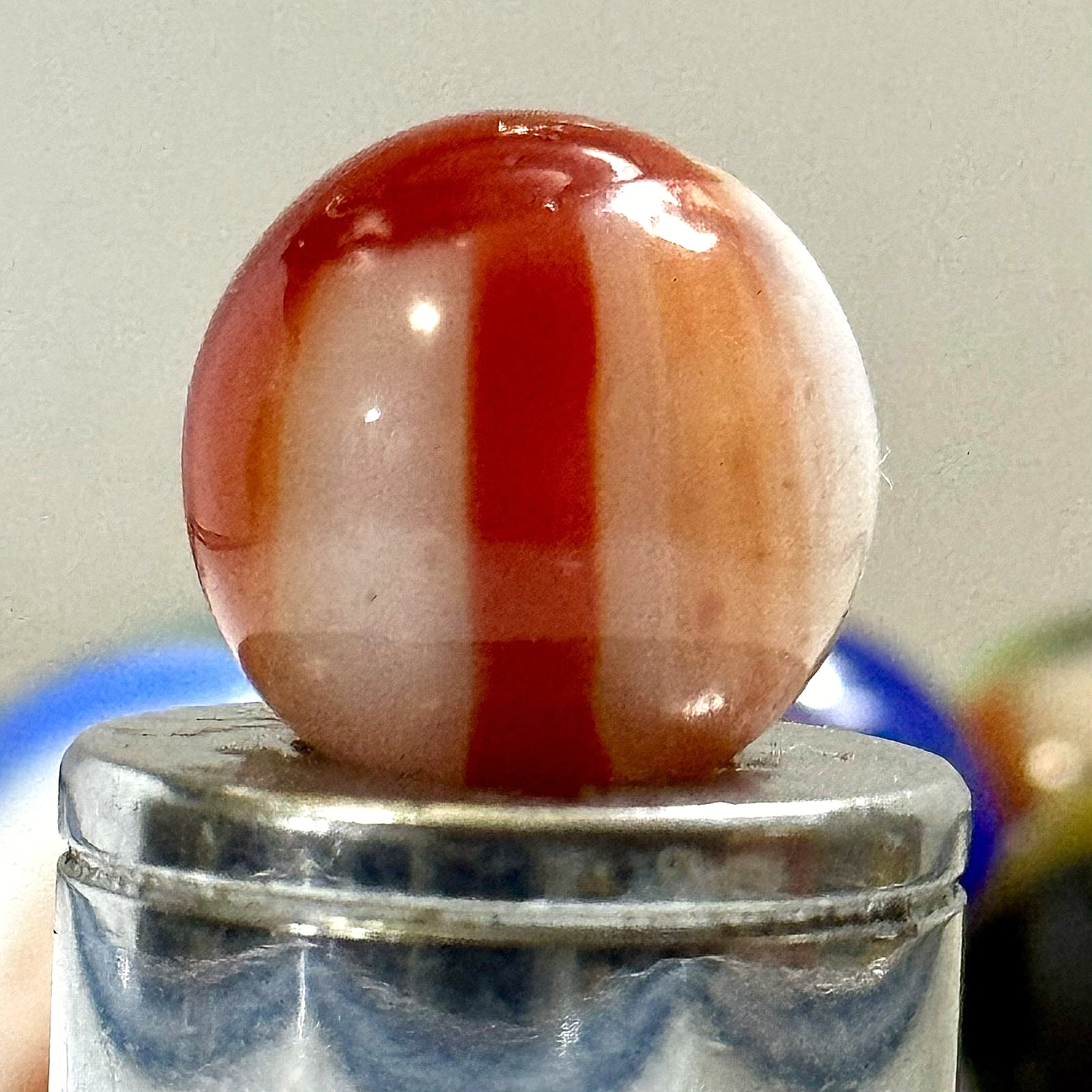 MINT .25″ Vitro Agate Candy Stripe Marble — Red over Uranium White — UV Glow