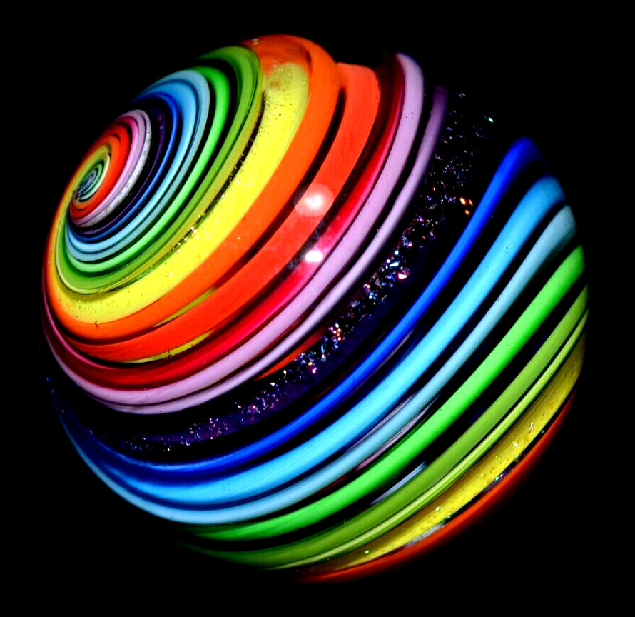 EDDIE SEESE GLASS MARBLE/1.783″-DICHROIC RAINBOW JOSEPH’S COAT-AVOCADO,LILAC,RED