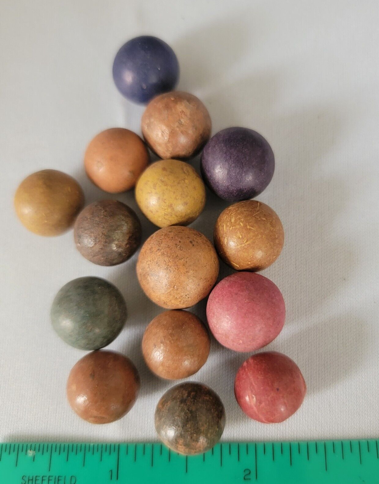 Group of 15 Various Size Vintage Clay MARBLES Blue-Purple Pink Green Brown pk 15