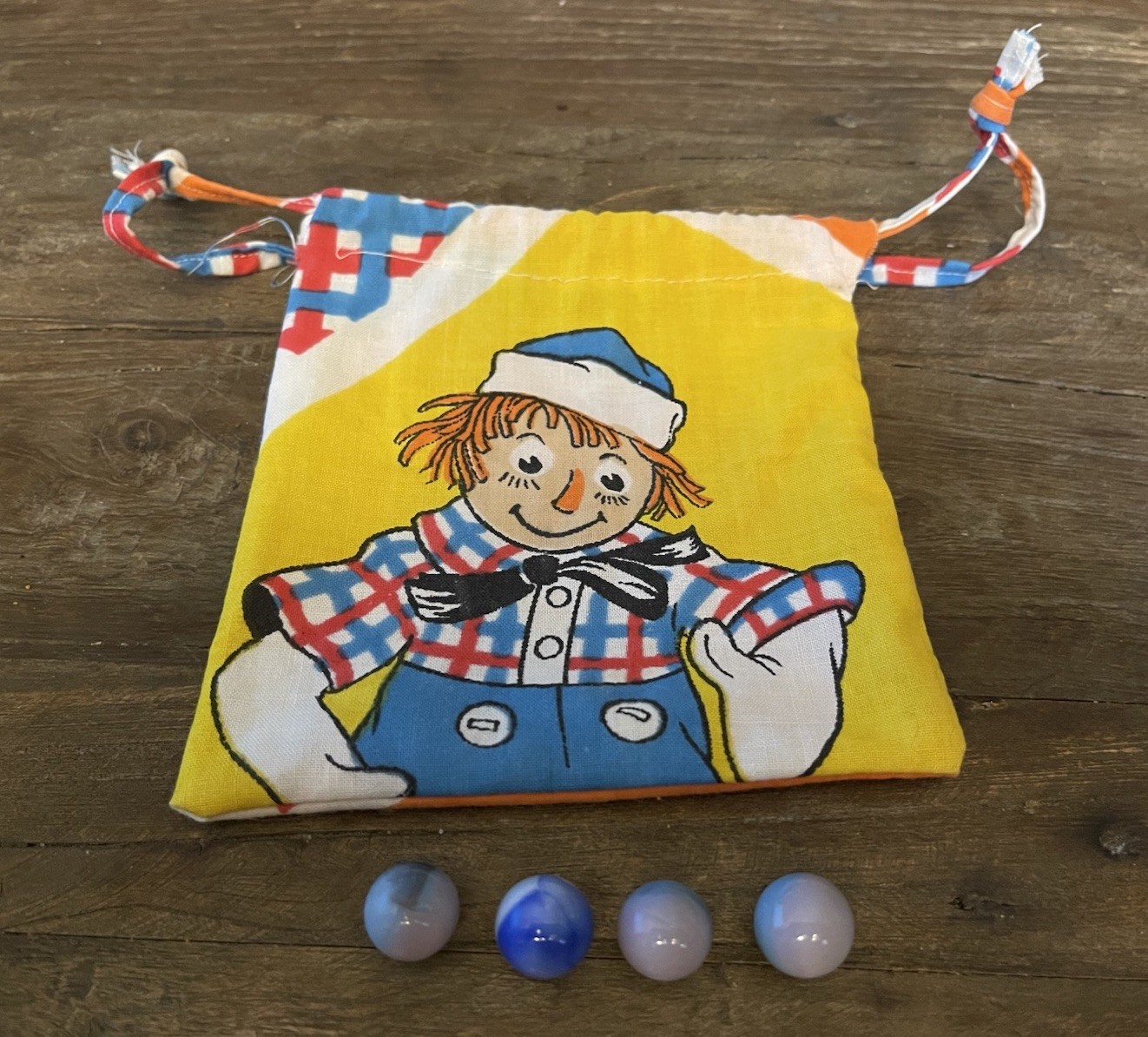 Vintage Marble Set of 4 w/ Handmade Cloth Drawstring Carrying Bag-Toy Collection