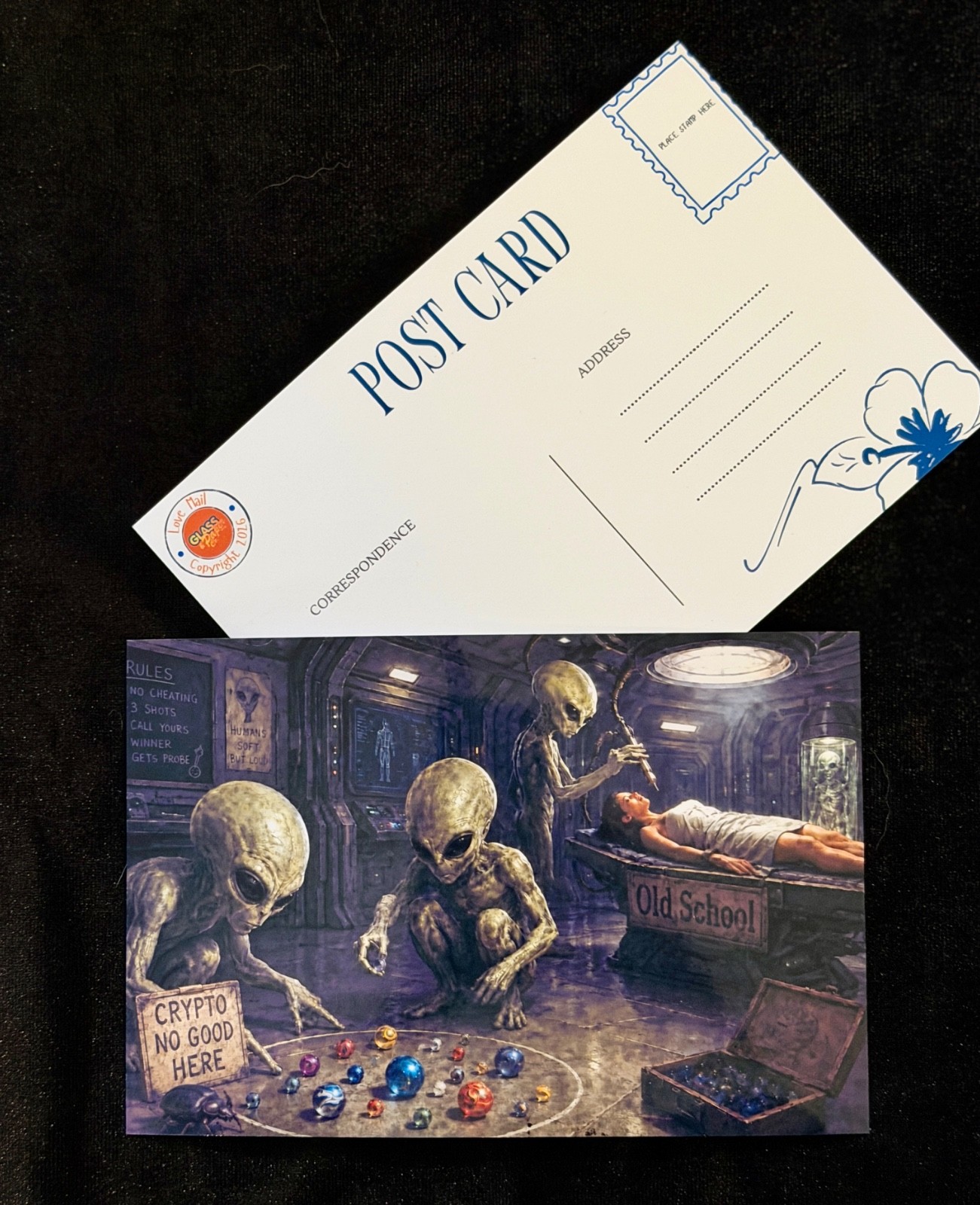 Alien Marble Hustlers & Human Experiments Postcard 4×6 | “Crypto No Good Here”