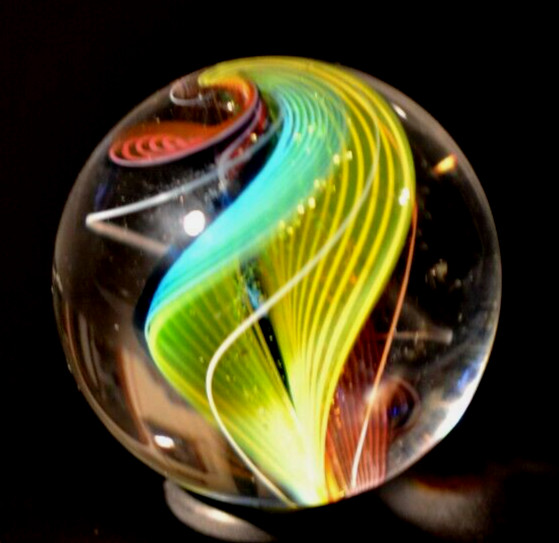 HOT HOUSE GLASS MARBLE/1.425″-DOUBLE 3 #18 TRANSPARENT-LIME,TURQ,GOLD LUTZ
