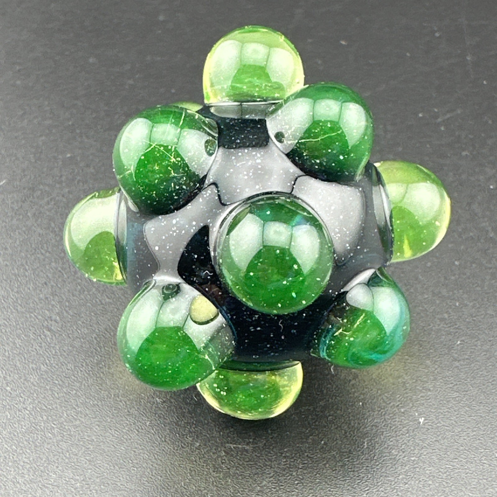 Contemporary Handmade Art Glass Marble 1.45″ Sparkle Core Hobnail With UV Green!