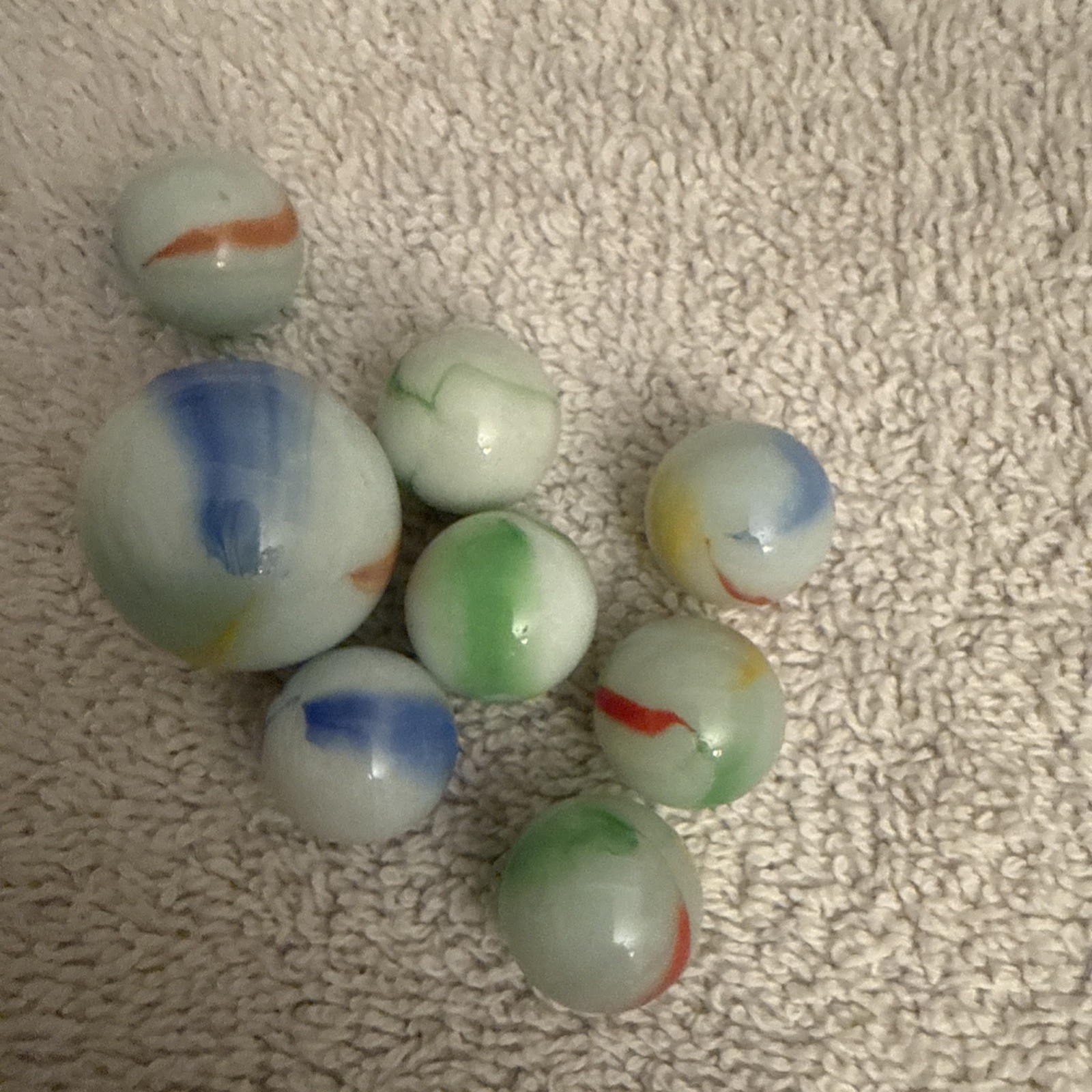 Vintage Glass Marble Collection – Set of 8 – Includes Large Blue Swirl Shooter