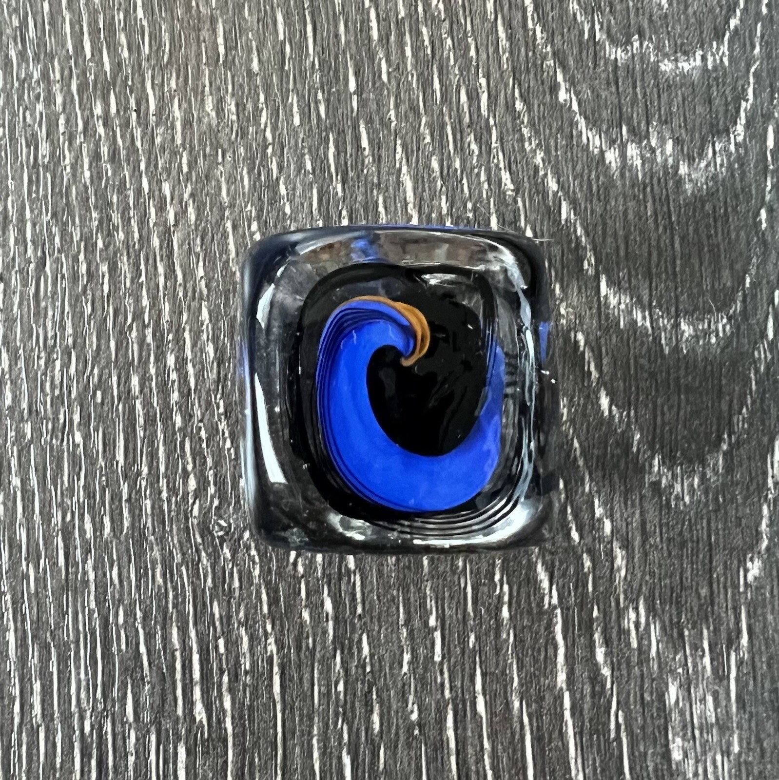 RARE SQUARE Shooter Rolf Wald Art Glass Cube Dice Blue Black & Orange Signed 90s