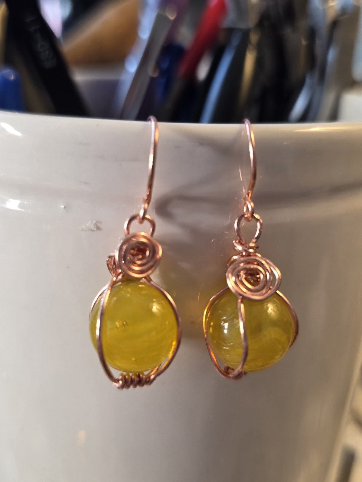 SCHOOLYARD YELLOW MARBLE Healing USA PURE COPPER Earrings Artisan Spirals, Hook