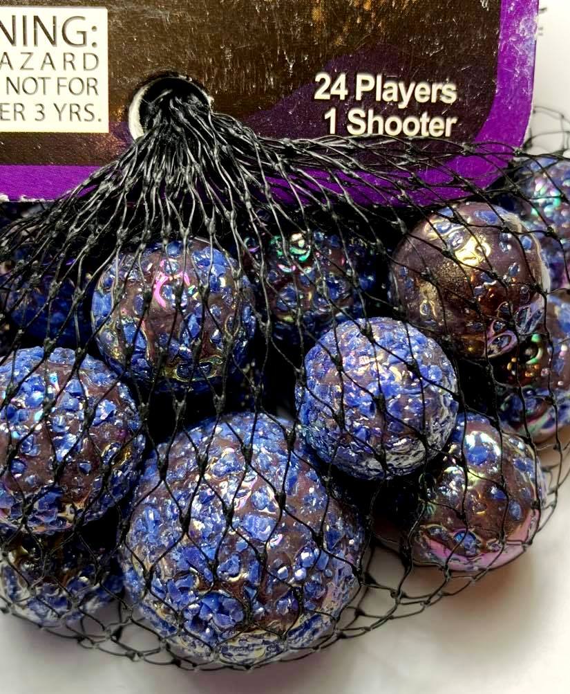 Net Bag 25 Asteroid Glass Mega Marbles Vacor Iridescent w Frit Current Edition