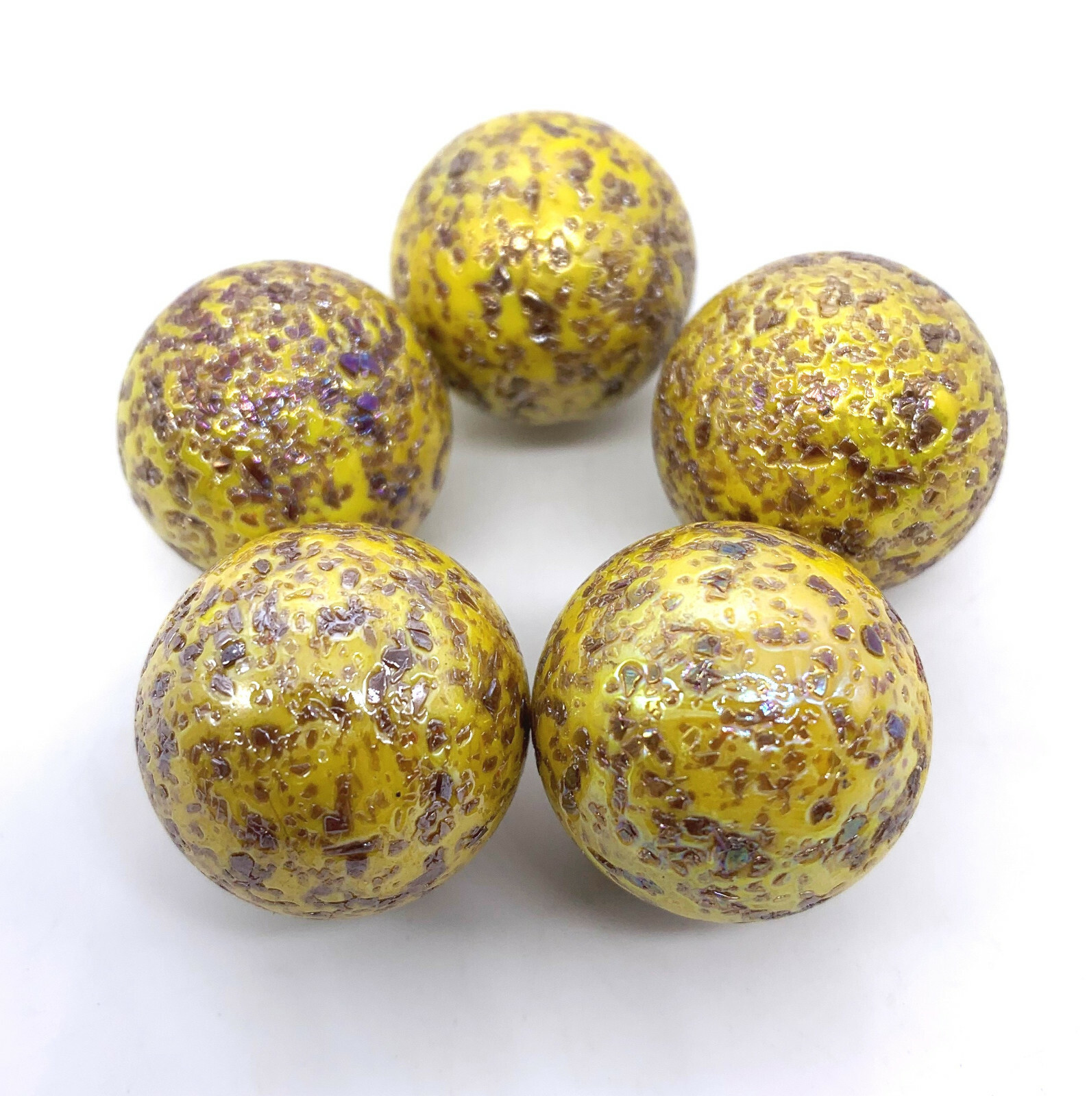 25mm Blowfish 1″ Shooter Glass Marbles Pk 5 Iridescent Yellow w Brown Frit Chips