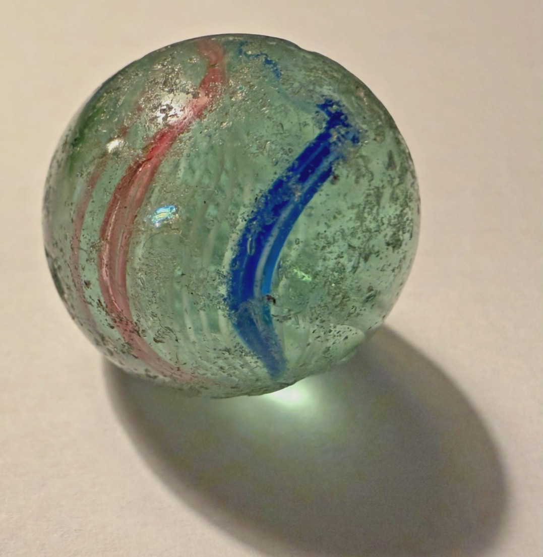 1″ ANTIQUE HANDMADE GERMAN MARBLE, WHITE Latticino CORE, Pink, Blue Ribbon
