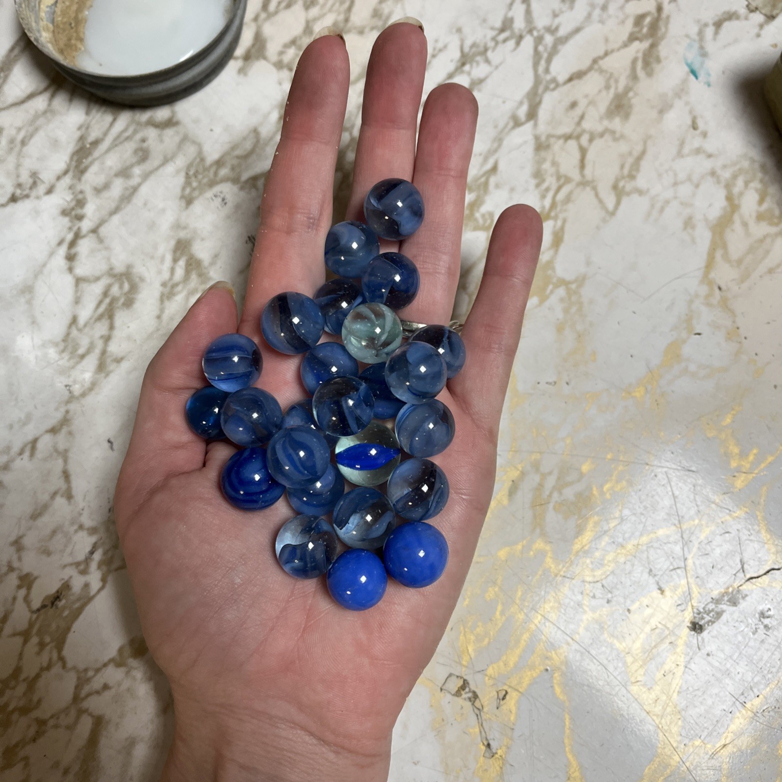 Jar Of Vintage Blue Glass Marbles
