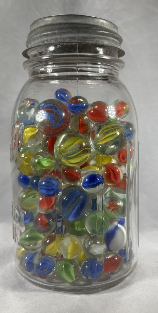 2Lbs 8Oz Of Shooter Marbles And Others In Ball Jar with zinc lid