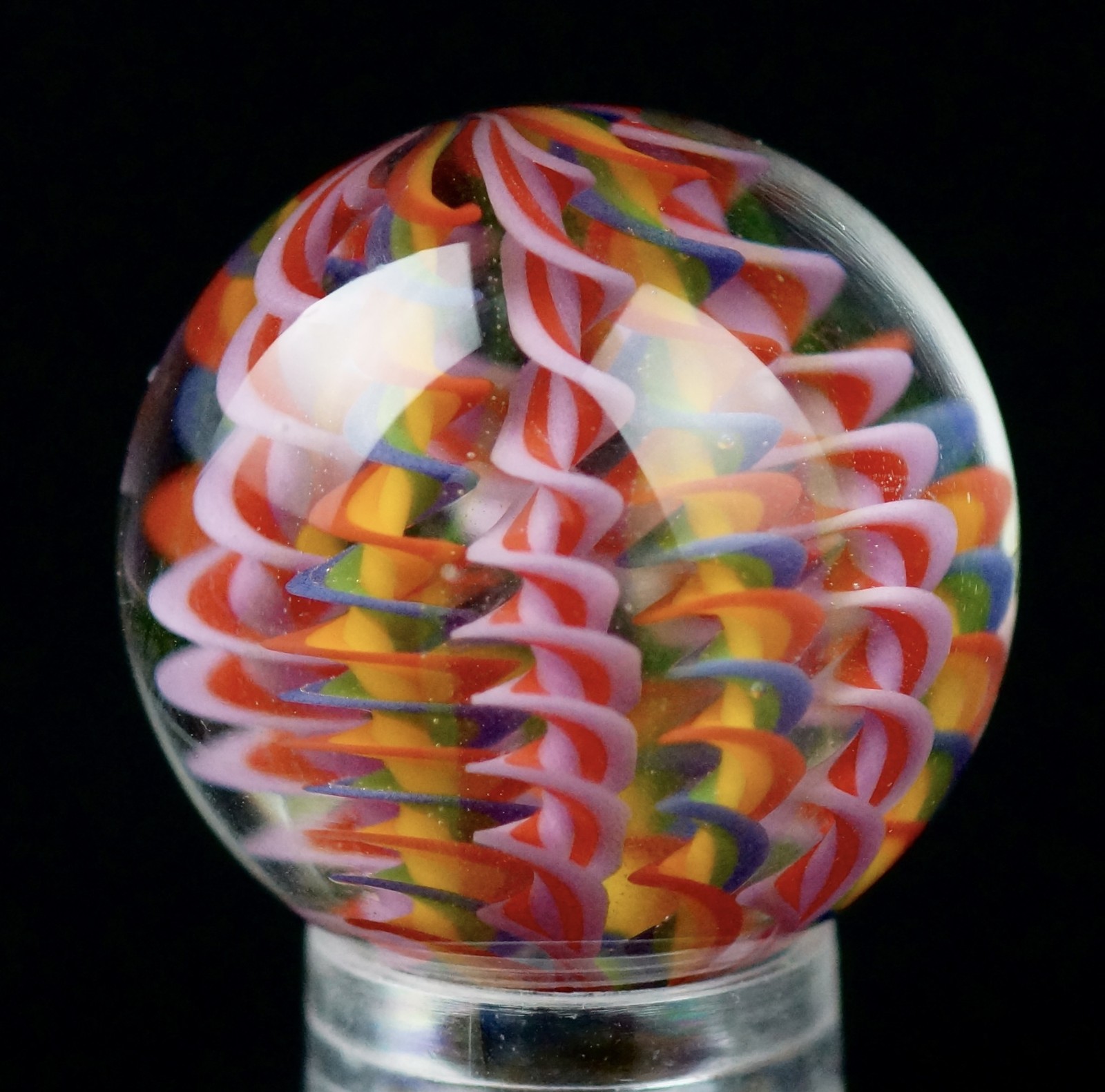 Bryan Trillas Glass Marble/Filigree Cane/ UV Reactive/ Pink Rainbow / 0.8-0.9 in