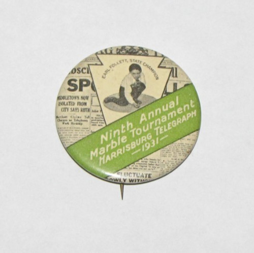 1931 Ninth Annual Marble Tournament Pinback Button, Harrisburg Telegraph