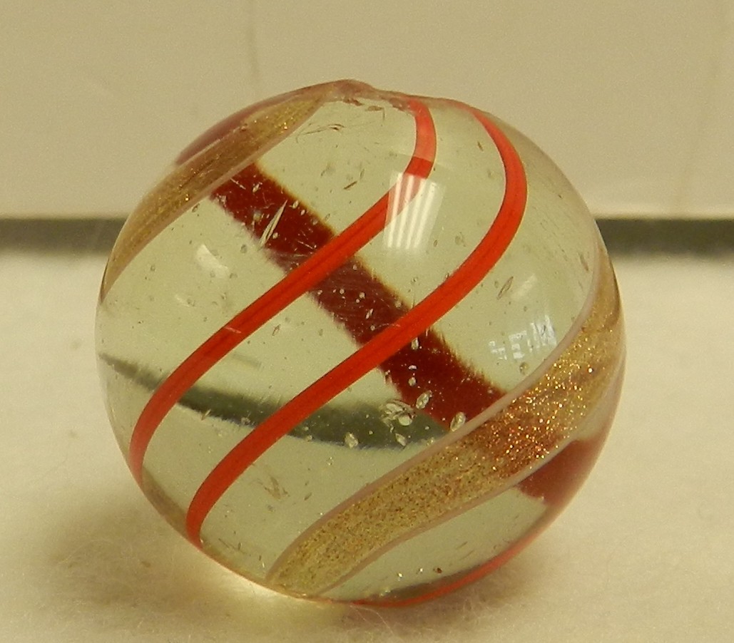 #19832m Large .87 Inches Vintage German Handmade Clear Glass Banded Lutz Marble
