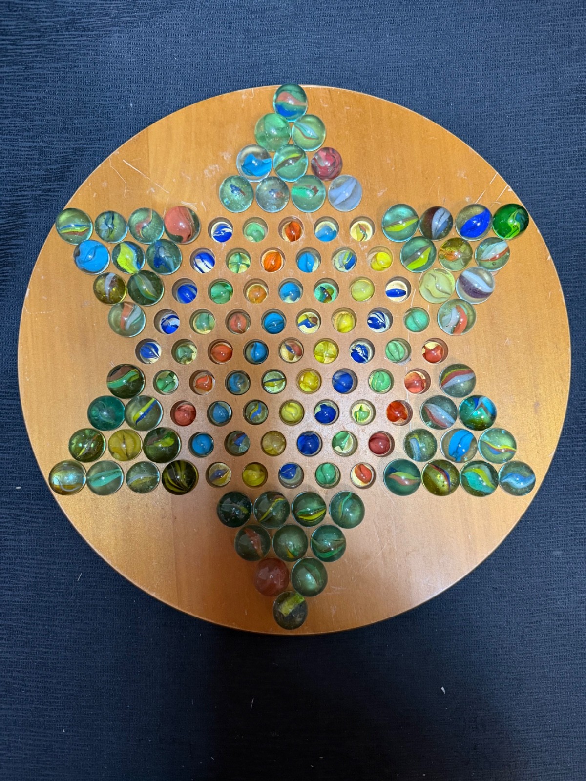Gnt 15” Vintage Chinese Checker Board Filled w/121 Catseye Marbles 60-1” Shooter