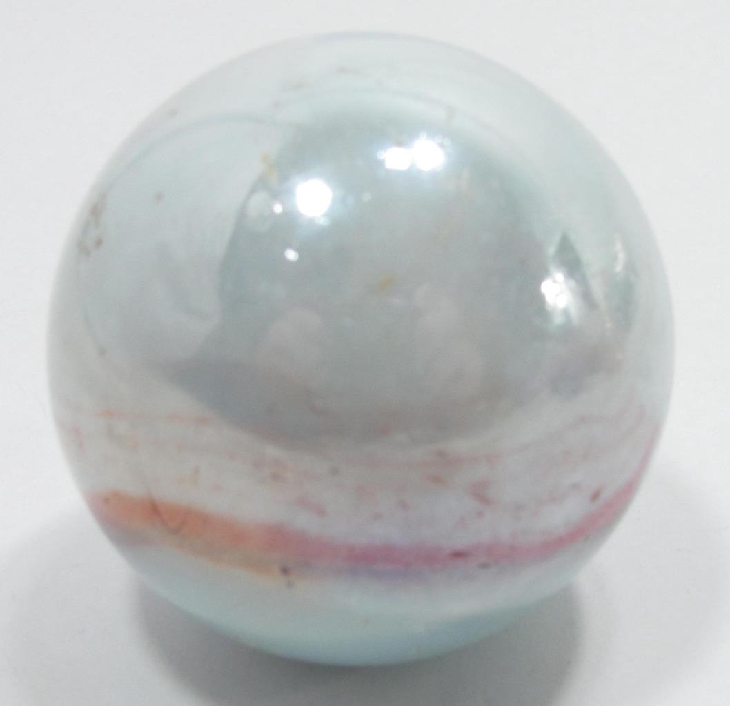 Large VTG 47mm 1.8″ White Iridescent Marble Blue Orange Ribbon Glass Shooter