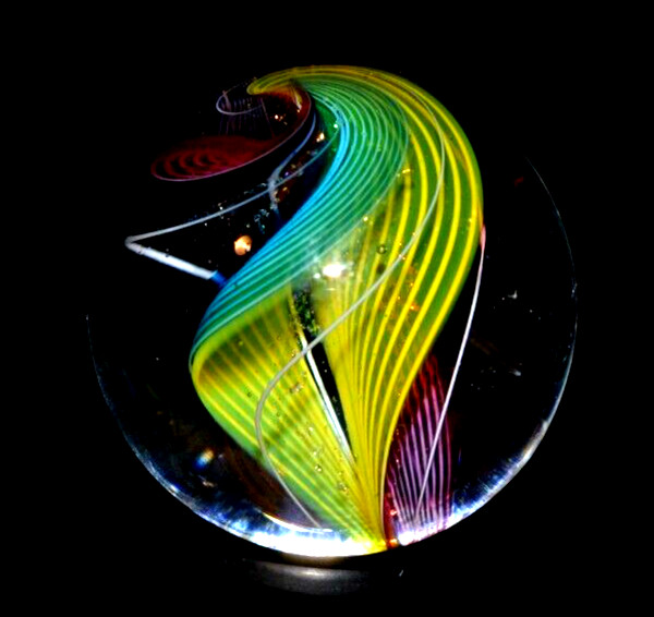 HOT HOUSE GLASS MARBLE/1.425″-DOUBLE 3 #18 TRANSPARENT-LIME,TURQ,GOLD LUTZ