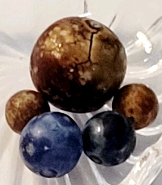 5 Early German Hand Made Marbles, Brown & Blue