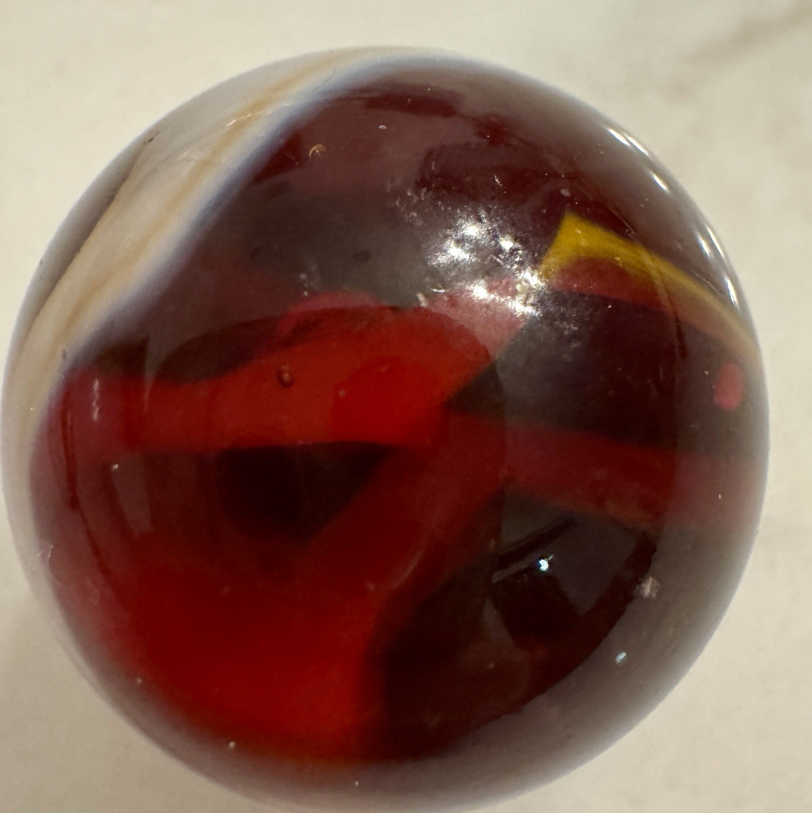Vintage Handmade Large 1” Glass Shooter Marble Ruby Red White Yellow Swirl 25mm