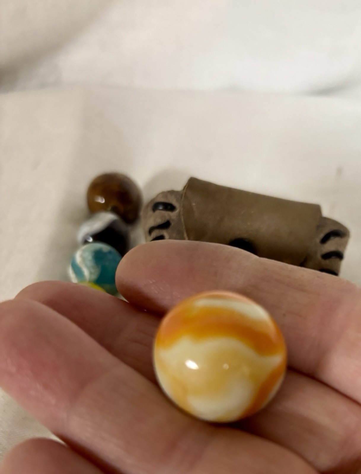 Vintage Marbles, Set of 7, Plus Leather Marble Pouch