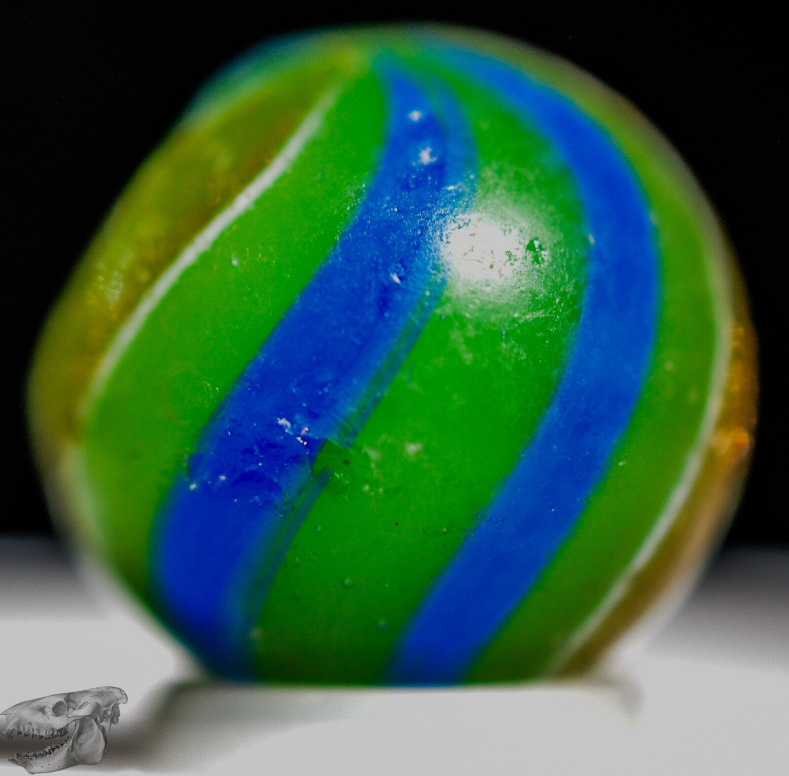 Handmade Banded Lutz Marble, Rare Opaque Green Glass 11/16 in Collectible S1288b