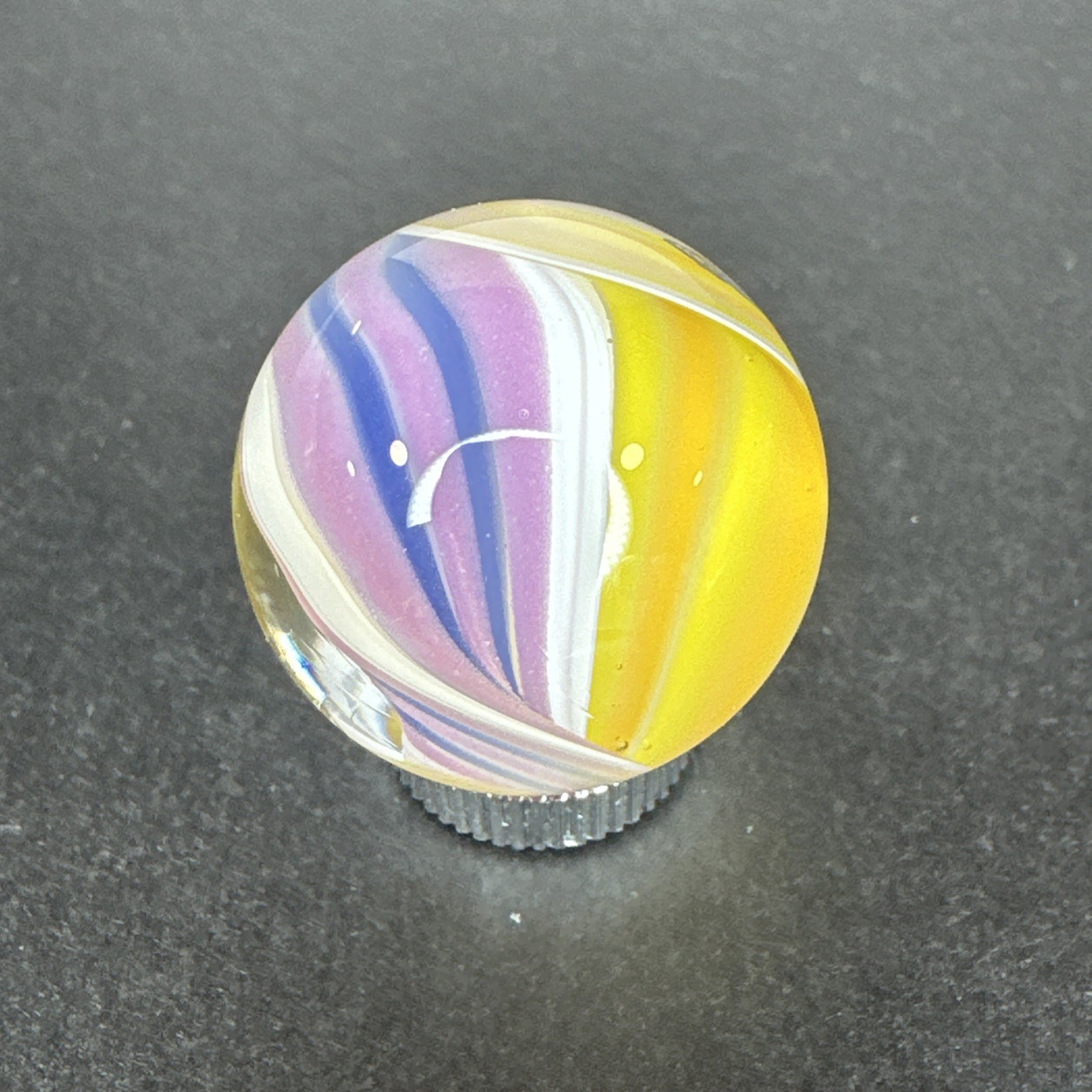 Contemporary Handmade Art Glass Marble 1″ Yellow Pink White Ribbon Core Swirl