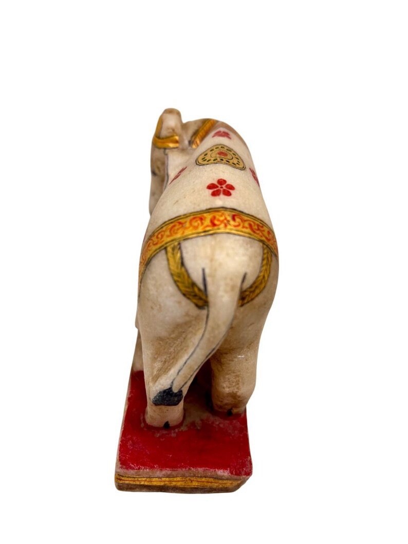 Vintage Marble Kamdhenu Cow Calf Statue, Meenakari Golf Leaf, Hand-painted