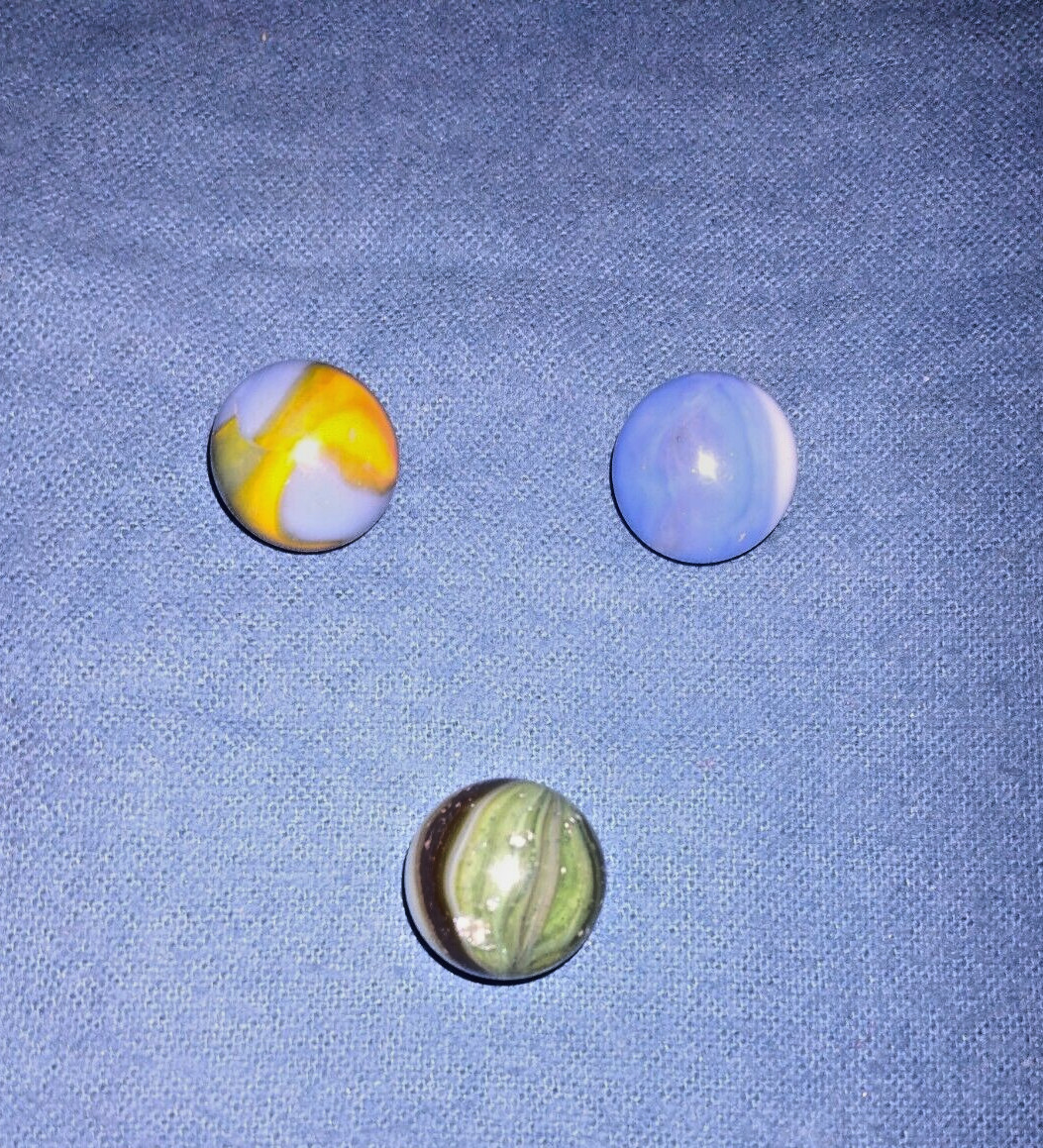 VINTAGE 3 MARBLES SWIRL BLUE OPAQUE AKRO ? VITRO ? CHRISTENSEN ? PELTIER ? 9/16″