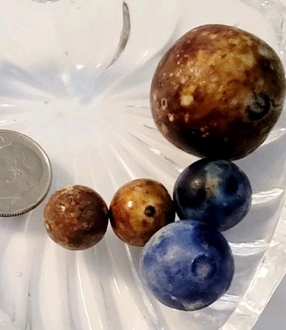 5 Early German Hand Made Marbles, Brown & Blue
