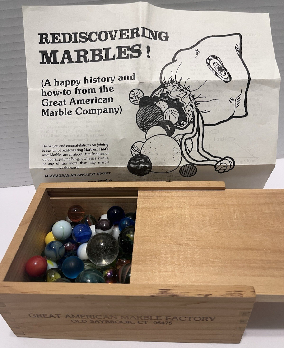 Vintage Great American Marble Factory Wooden Box with 150 Marbles & Directions